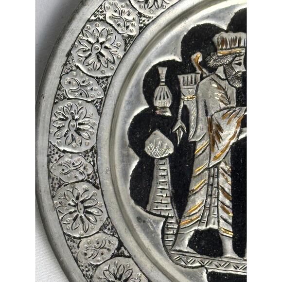 Persian Qajar Pewter Copper Inlay Mid Century Hand Crafted Etched Wall Art - Picture 2 of 7